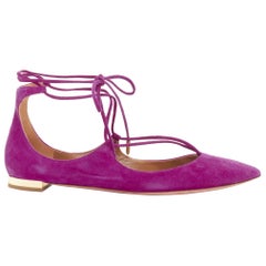 AQUAZZURA Belgravia purple suede leather pointy lace up gold heel flats EU37.5