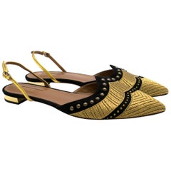 Aquazzura Black and Gold Embellished Sling Flats 41