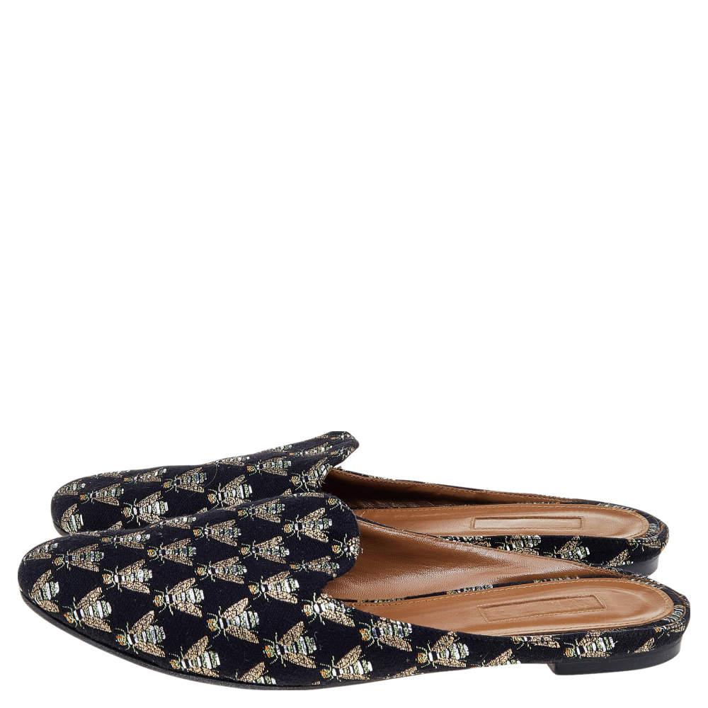 Women's Aquazzura Black Bee Embroidered Fabric Flat Mules Size 39.5
