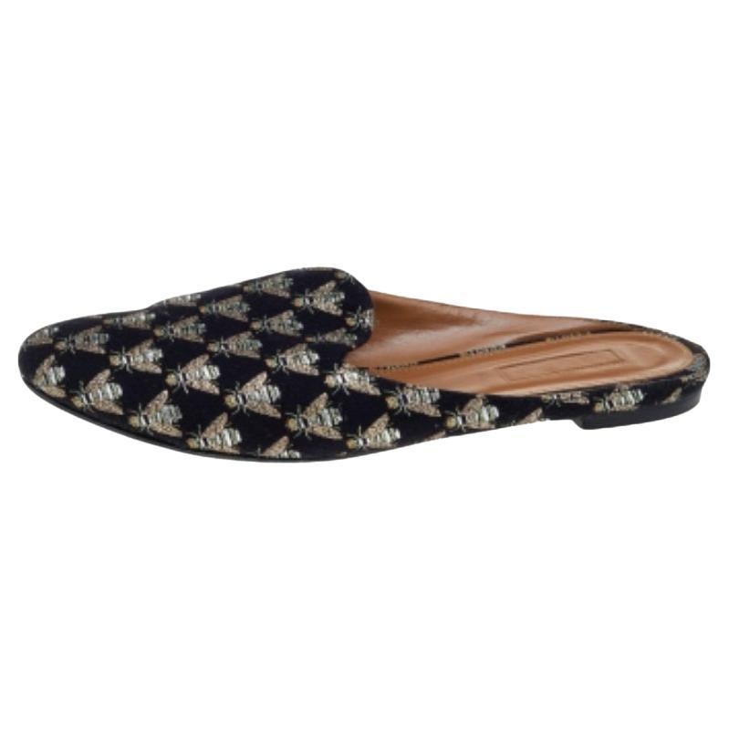 Aquazzura Mules Planos de Tela Bordada Abeja Negra Talla 39.5