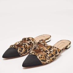 Aquazzura Black/Beige Leopard Print Fabric Mondaine Mules Size 38
