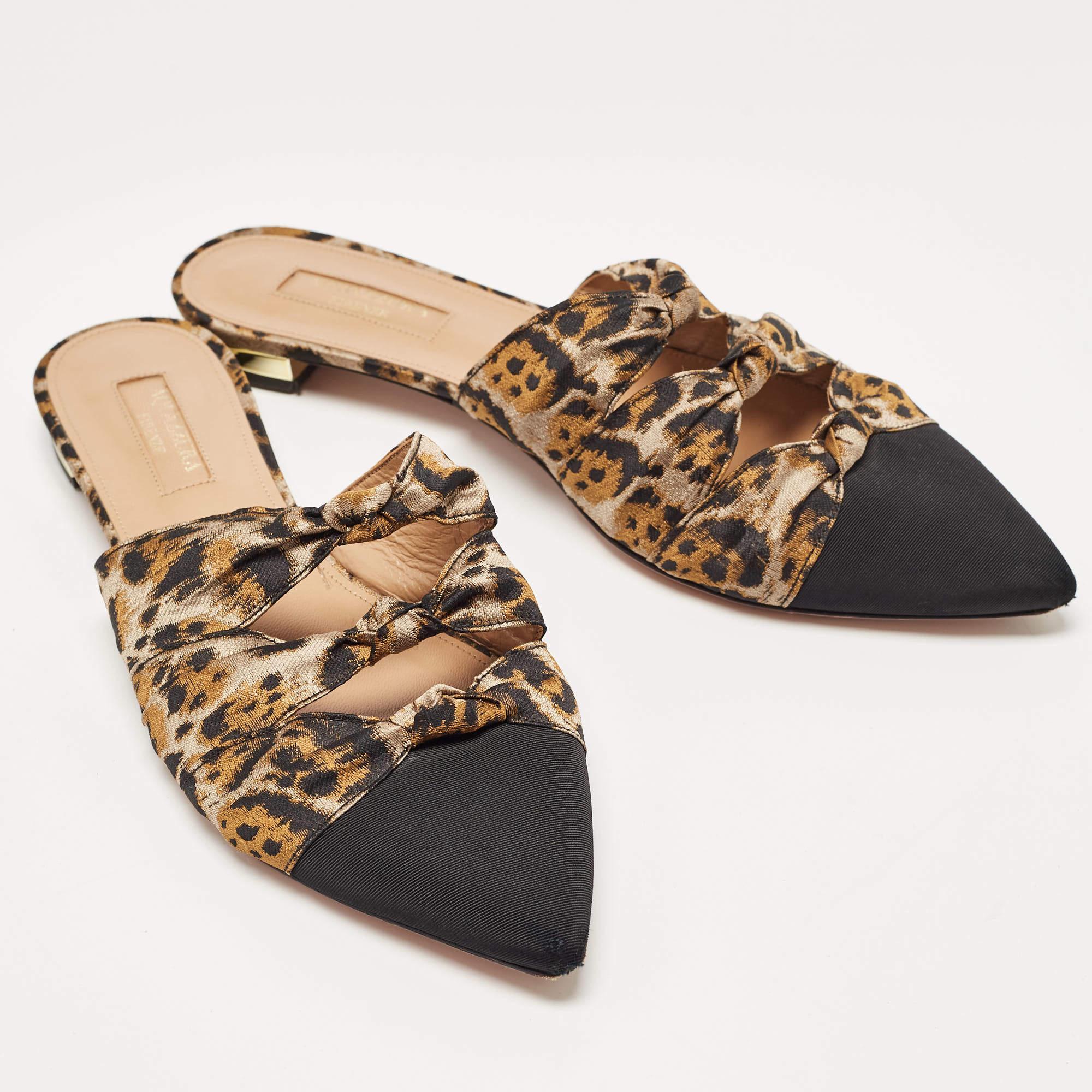 Aquazzura Black/Beige Leopard Print Fabric Mondaine Mules Size 38 In Fair Condition For Sale In Dubai, Al Qouz 2