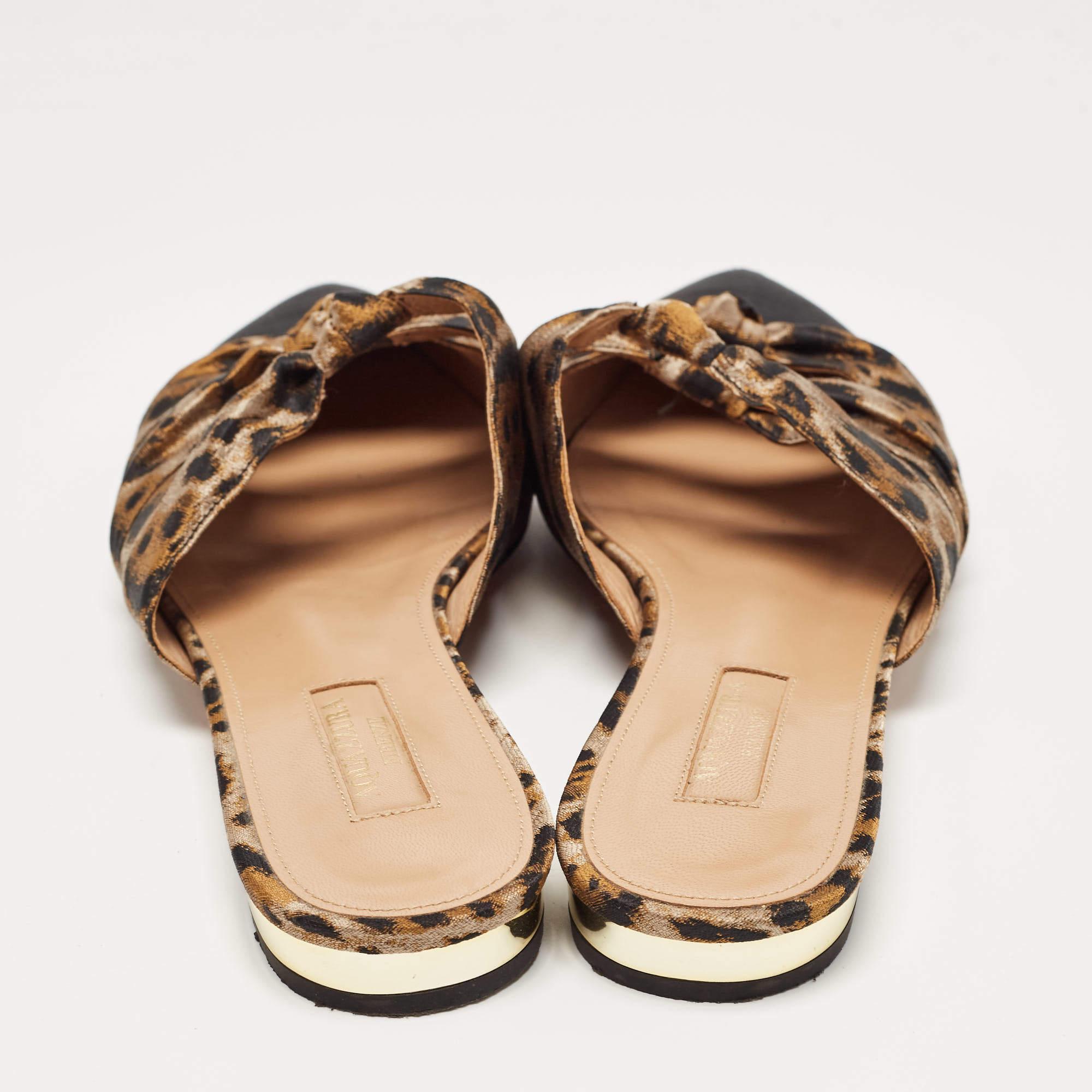 Women's Aquazzura Black/Beige Leopard Print Fabric Mondaine Mules Size 38 For Sale