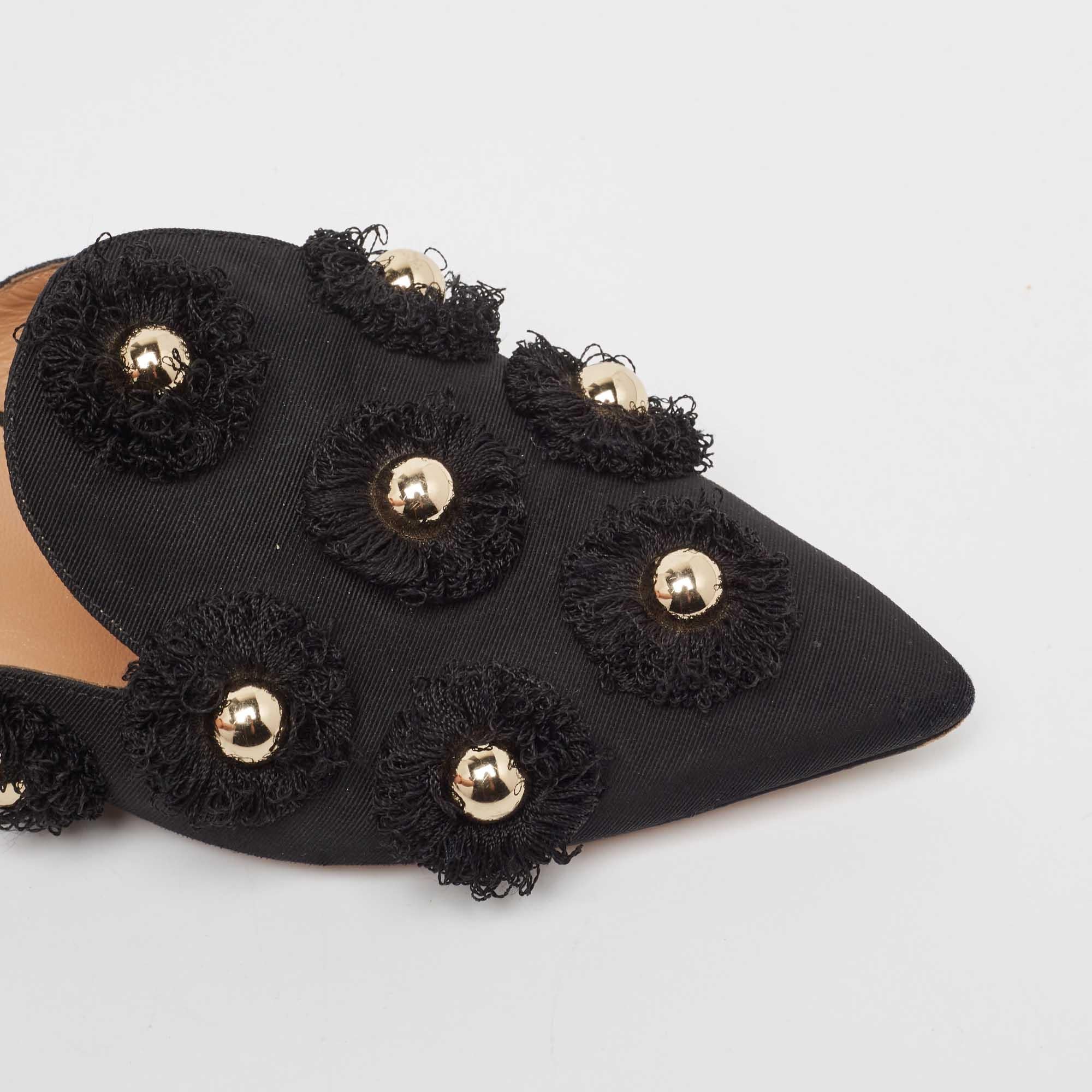 Aquazzura Schwarze Canvas Pantoletten mit Sonnenblumenmuster Größe 36 im Angebot 3