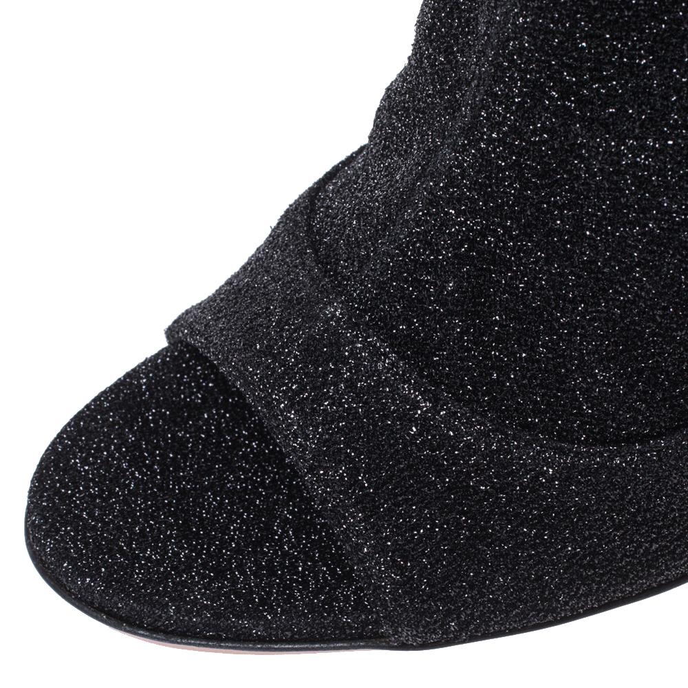 Women's Aquazzura Black Glitter Lurex Fabric Eclair Ankle Booties Size 38.5