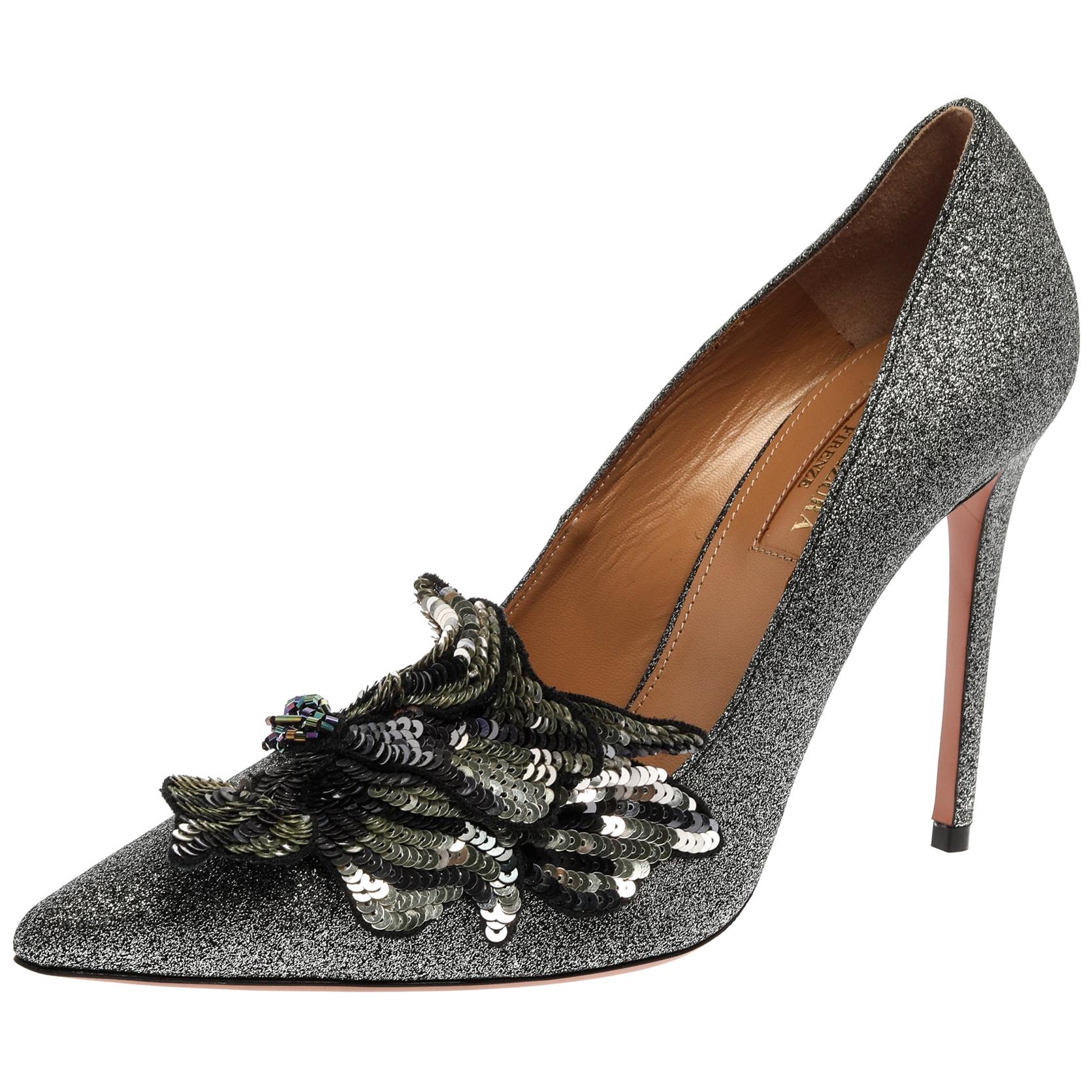 Aquazzura - Escarpins à bout pointu en daim à paillettes noires, taille 38,5