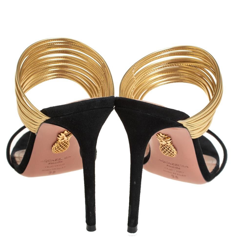 Aquazzura Black Gold Suede And Leather Rendez Vous 105 Slide Sandals Size 38