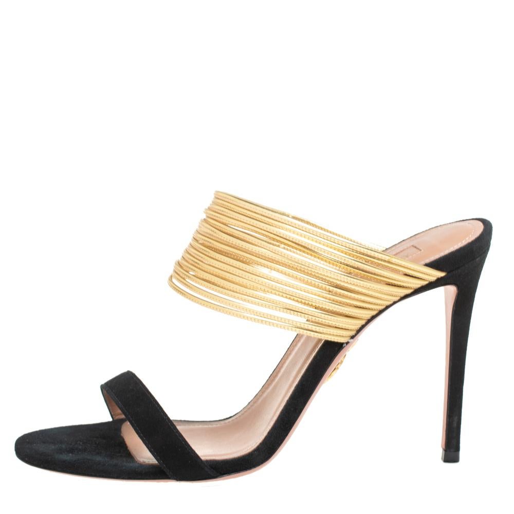 Aquazzura Schwarz/Gold Wildleder und Leder Rendez Vous 105 Slide Sandalen Größe 38 Damen