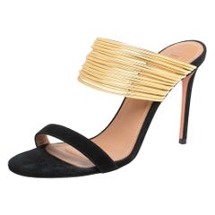 Aquazzura Black/Gold Suede And Leather Rendez Vous 105 Slide Sandals Size 38