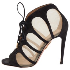 Aquazzura Nero Pizzo e Suede Lace Up Booties Taglia 36.5