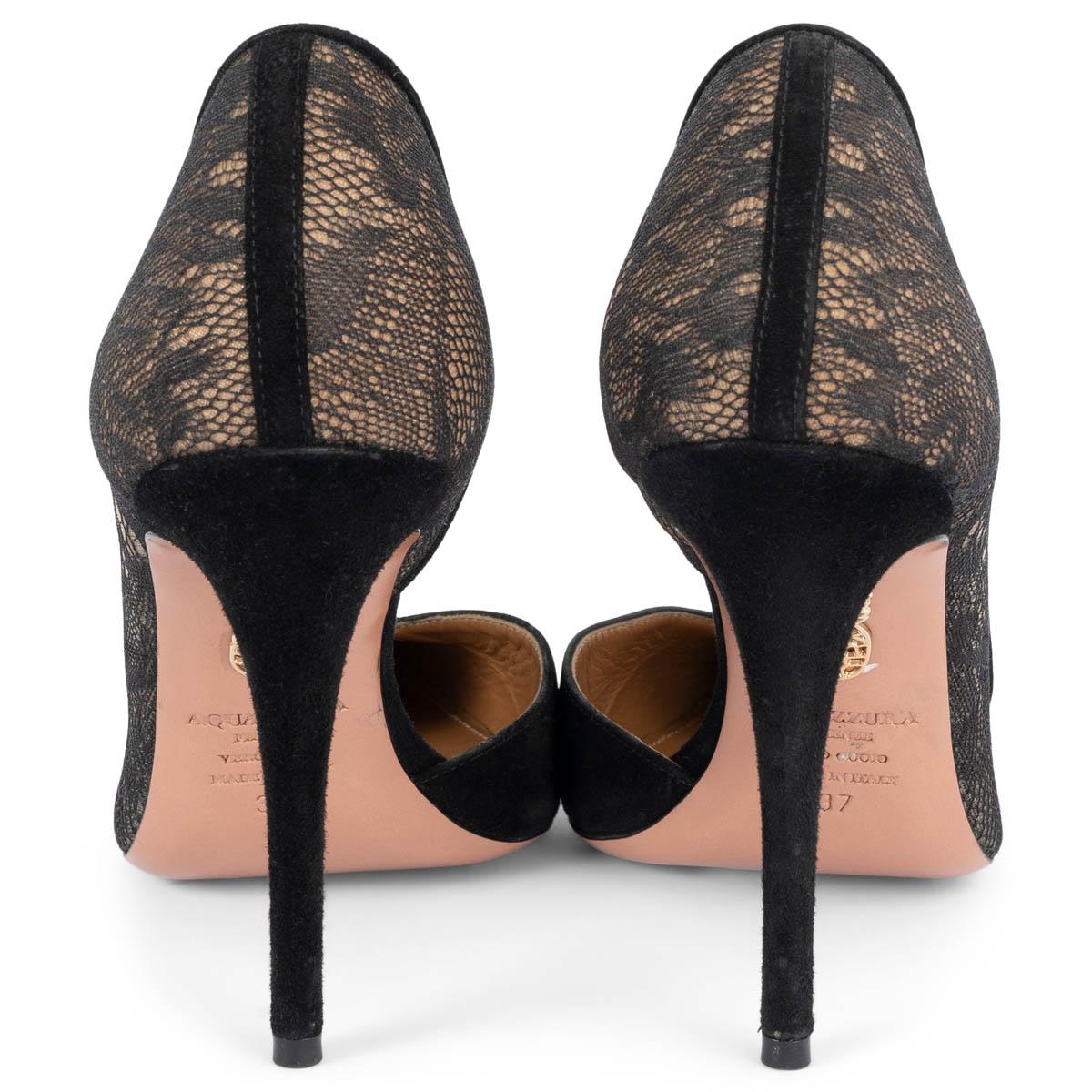 AQUAZZURA black lace & suede POINTED TOE CUT-OUT Pumps Shoes 37 In Excellent Condition For Sale In Zürich, CH