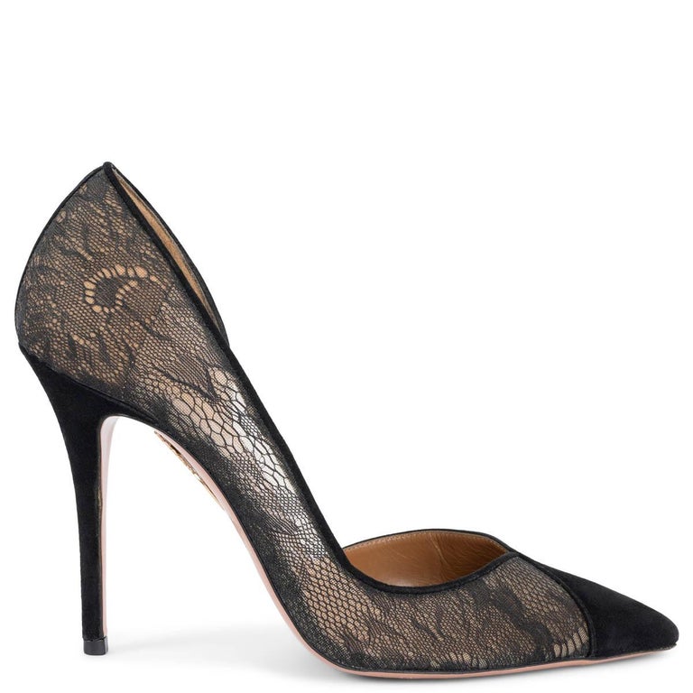 AQUAZZURA black lace and suede POINTED TOE CUT-OUT Pumps Shoes 37 For Sale  at 1stDibs