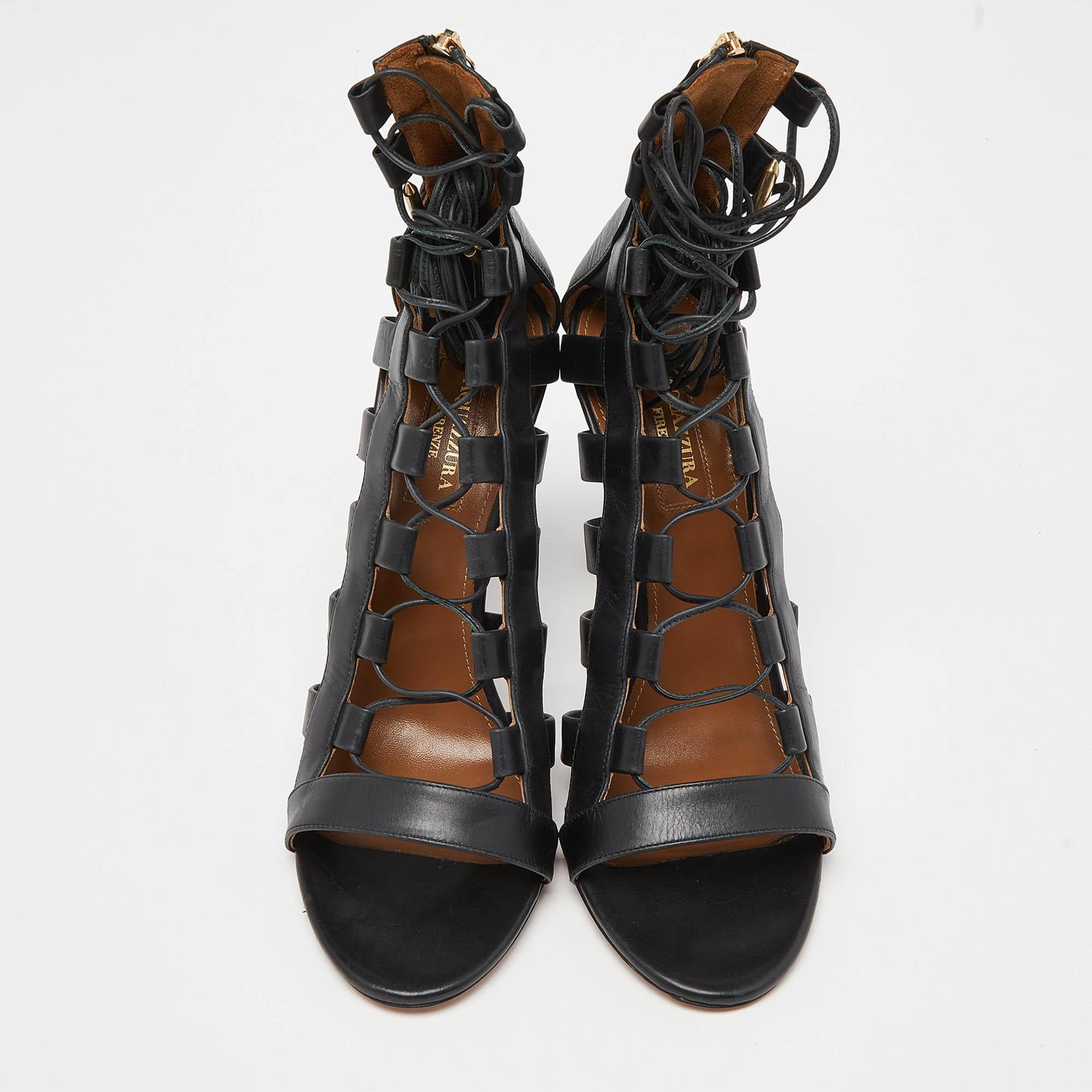 Aquazzura Black Leather Amazon Sandals Size 39 In Good Condition In Dubai, Al Qouz 2
