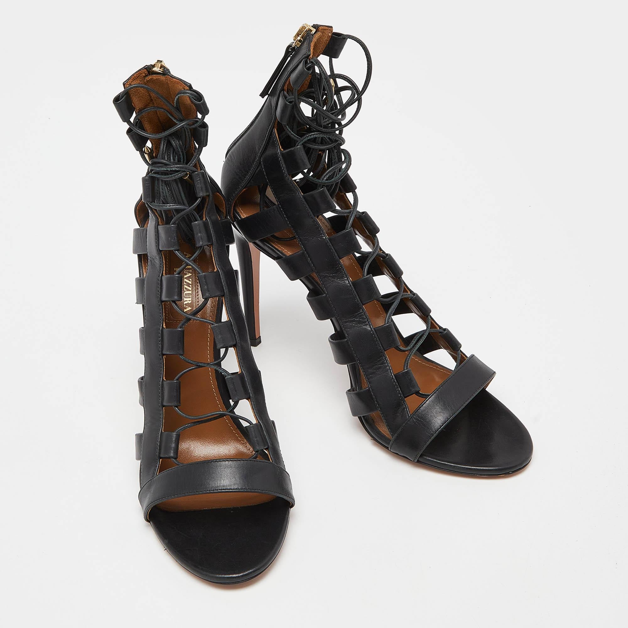 Women's Aquazzura Black Leather Amazon Sandals Size 39