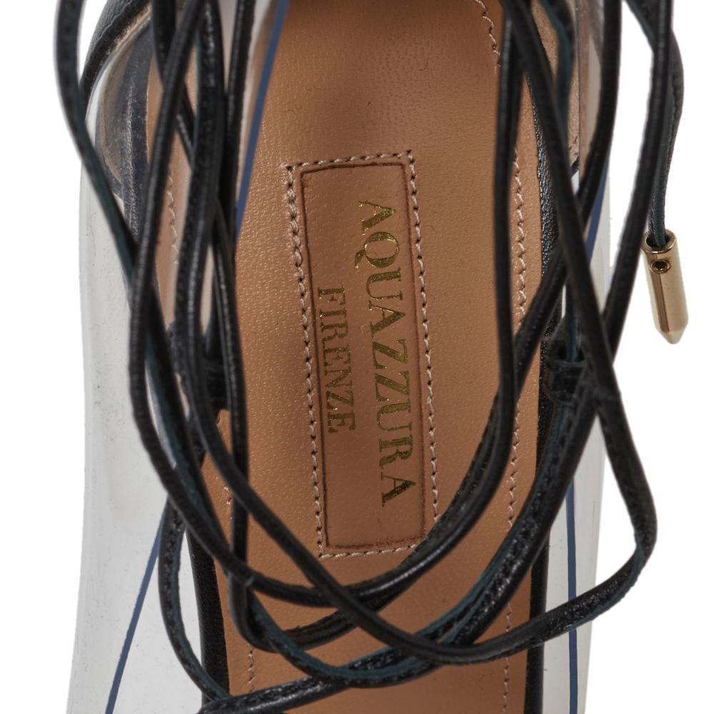 Brown Aquazzura Black Leather And PVC Magic Ankle Wrap Pumps Size 37.5 For Sale