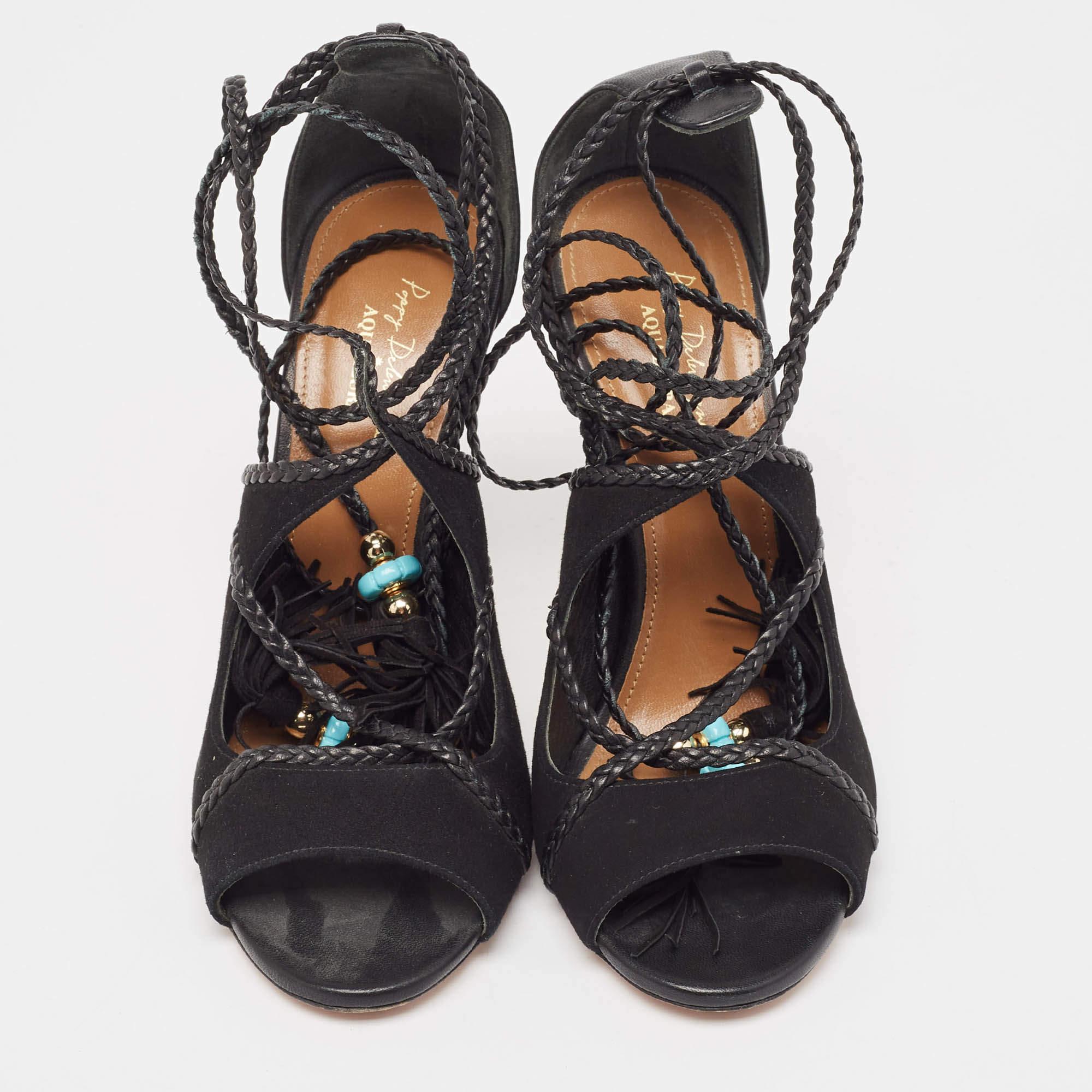 Aquazzura Black Leather and Suede Ankle Wrap Sandals Size 37 In Good Condition For Sale In Dubai, Al Qouz 2