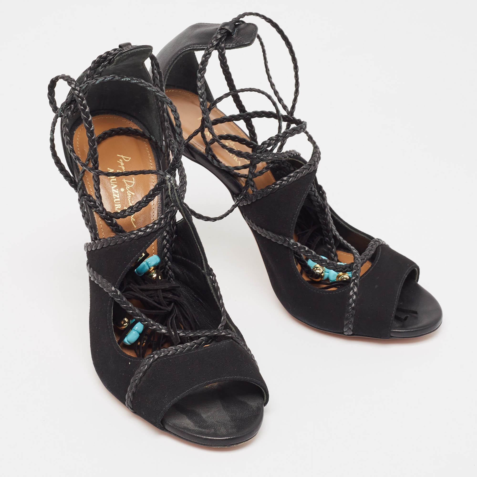 Women's Aquazzura Black Leather and Suede Ankle Wrap Sandals Size 37 For Sale