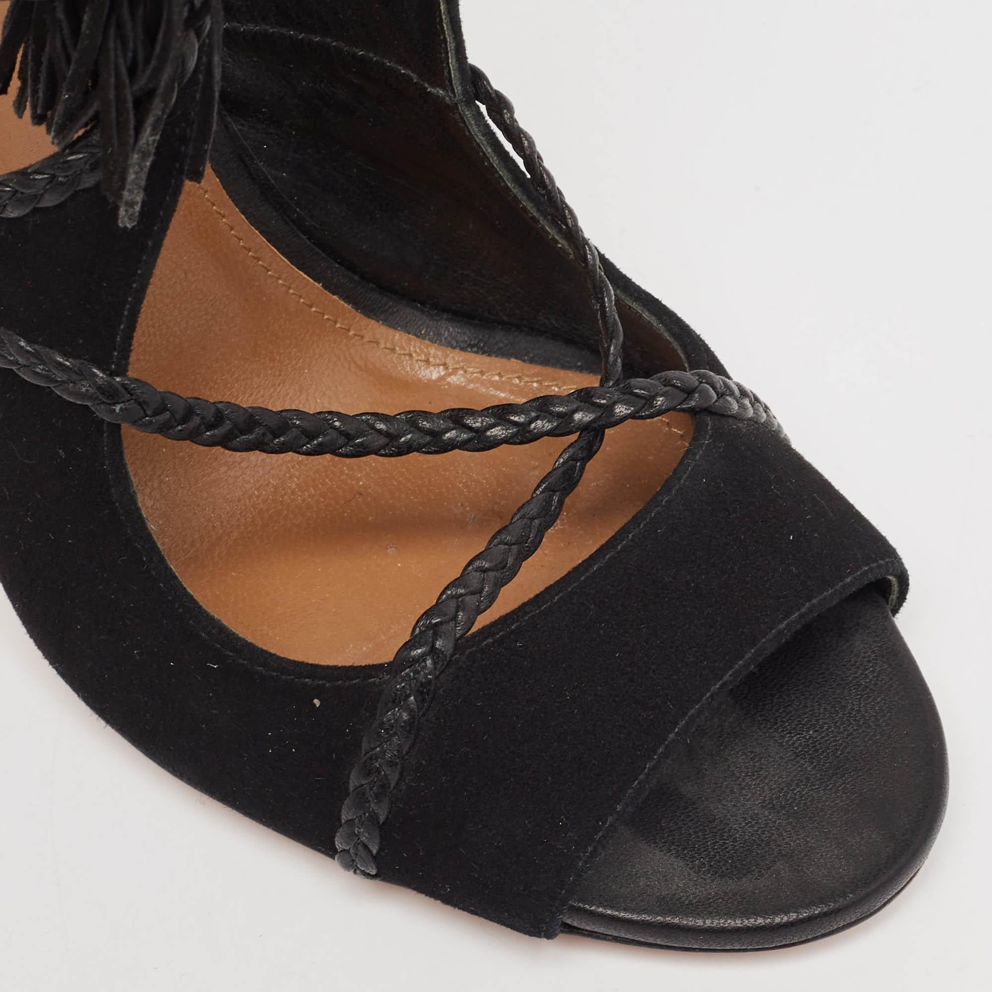 Aquazzura Black Leather and Suede Ankle Wrap Sandals Size 37 For Sale 3