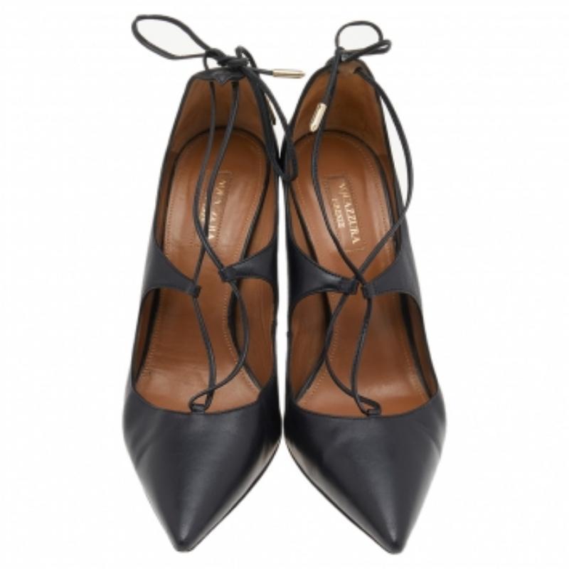 Aquazzura Leather Christy Lace Ankle Wrap Pumps Size 38.5 Bon état à Dubai, Al Qouz 2