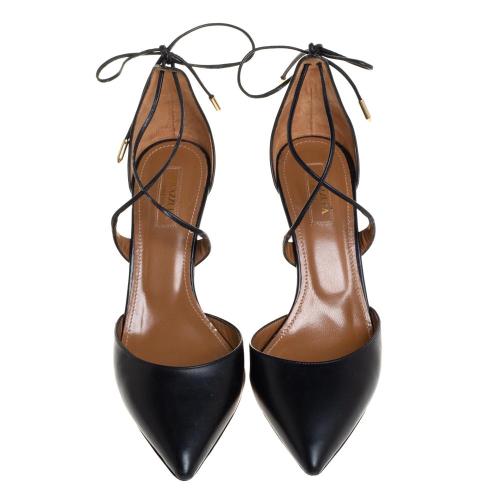 Aquazzura is a label known for its chic and feminine designs that women covet! These Matilde pumps are crafted from leather in a black shade and exude a timeless flair. Featuring pointed toes, these beauties are finished off with ankle wraps and