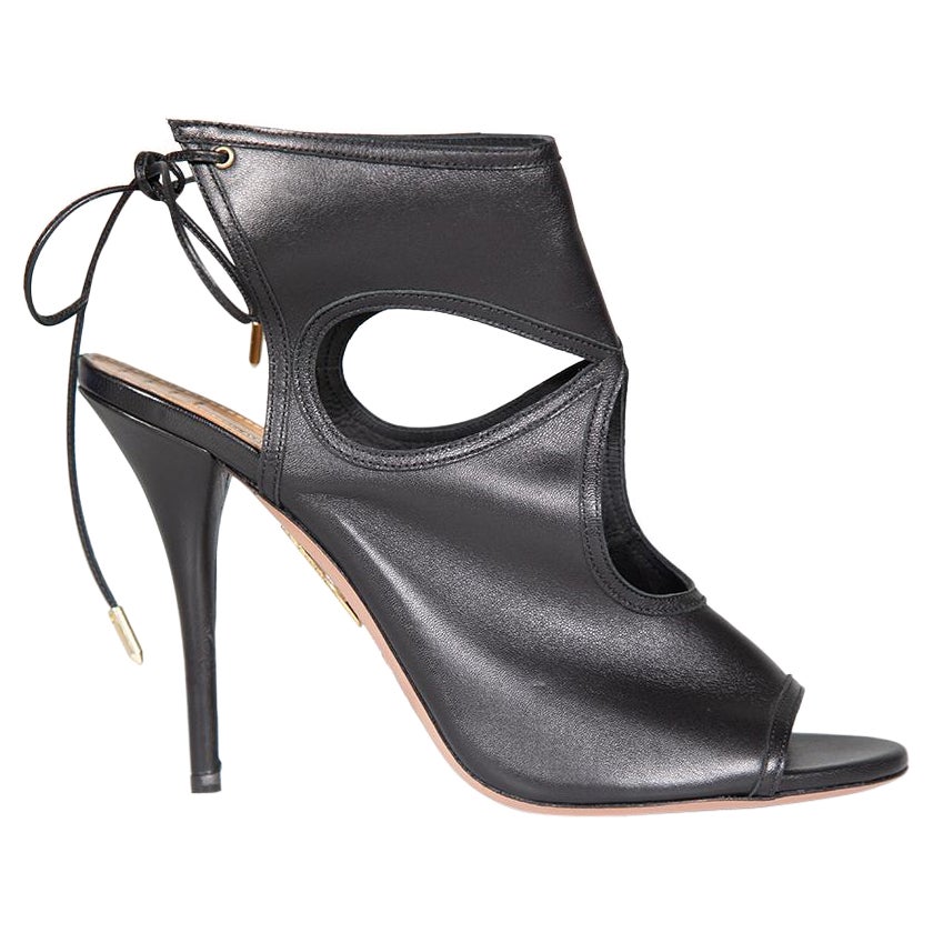 Aquazzura Schwarz Leder Peep Toe Knöchelkrawatte Heels Größe IT 41 im Angebot