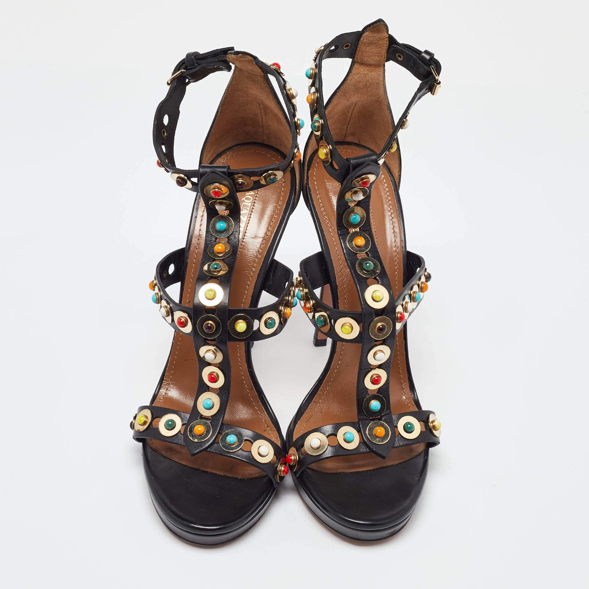 Aquazzura Black Leather Platform Ankle Strap Sandals Size 39.5 In Good Condition For Sale In Dubai, Al Qouz 2