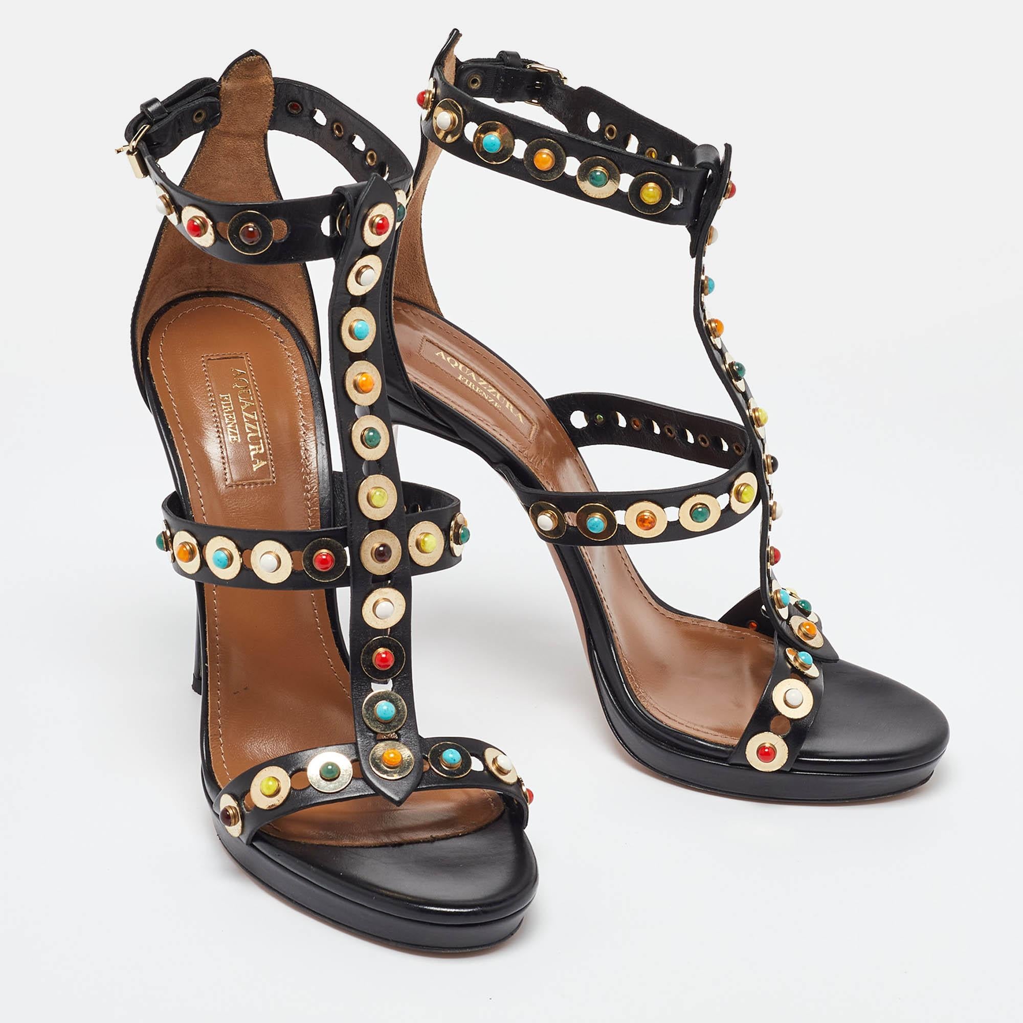 Women's Aquazzura Black Leather Platform Ankle Strap Sandals Size 39.5 For Sale