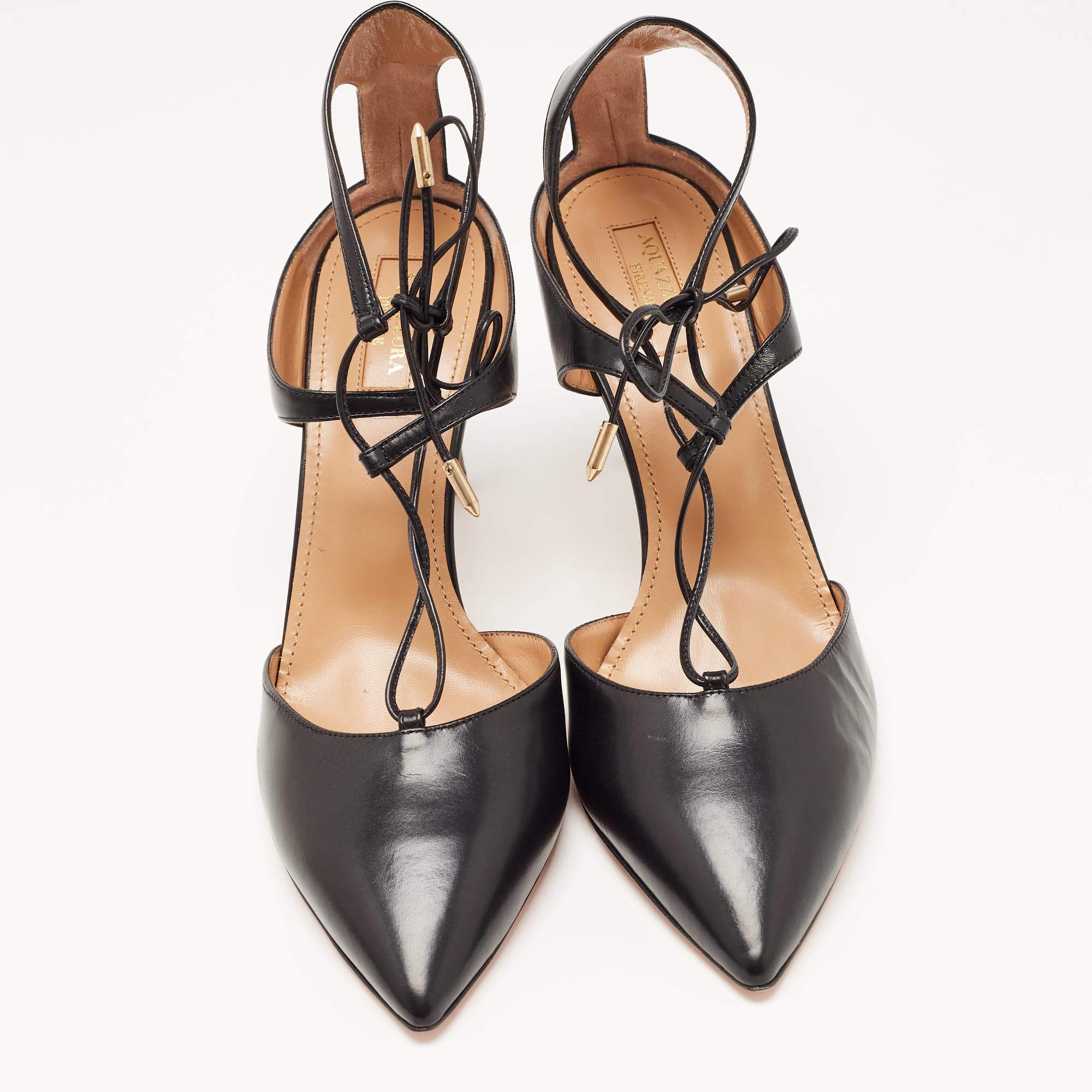 Marron Aquazzura - Escarpins en cuir noir à bout pointu et à bride de cheville - Taille 42 en vente