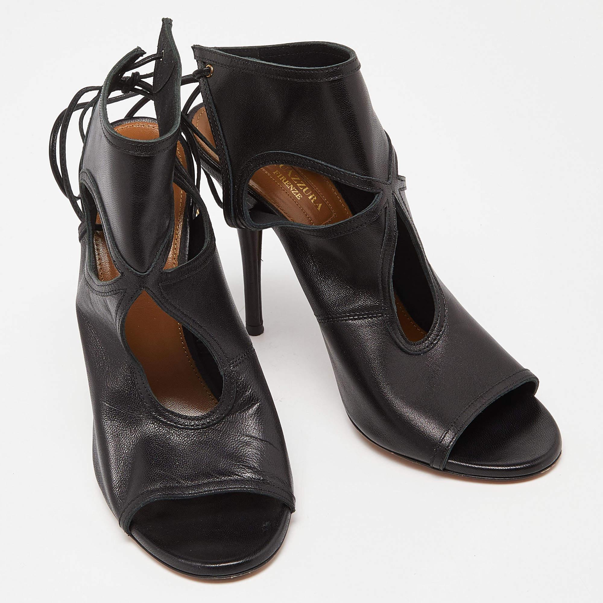 Women's Aquazzura Black Leather Sexy Thing Sandals Size 37.5 For Sale