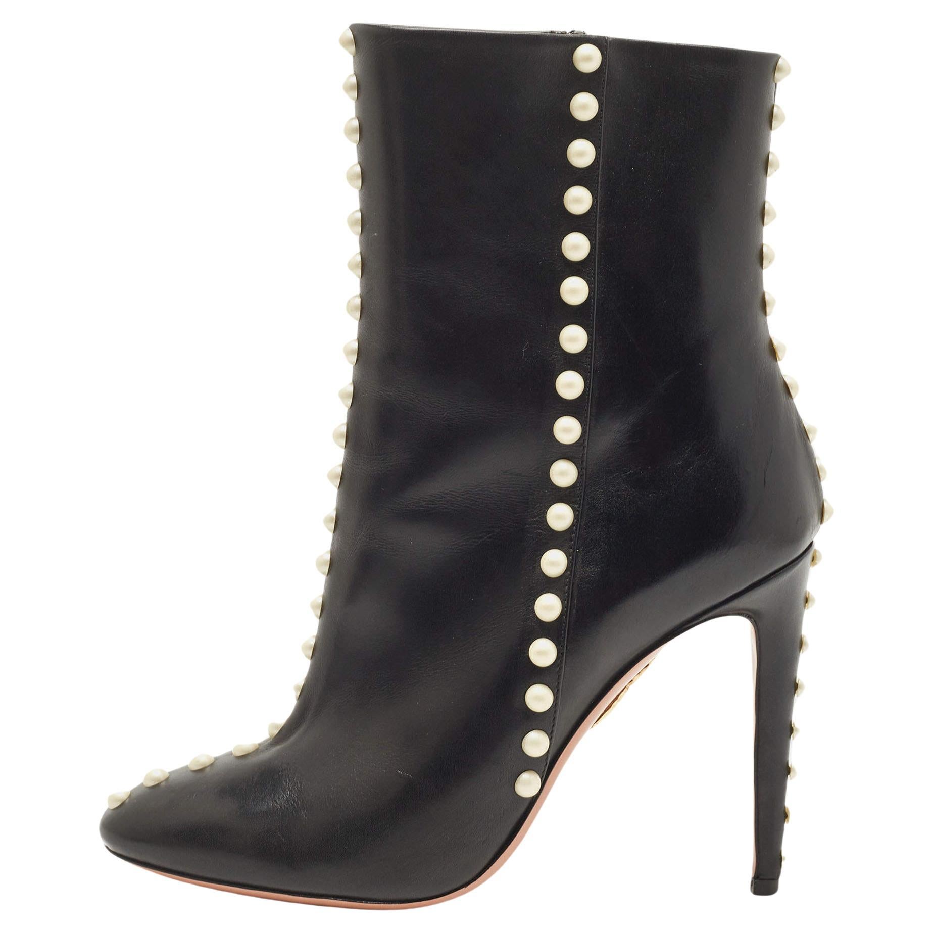 Aquazzura Black Leather Studded Follie Ankle Booties Size 37 For Sale
