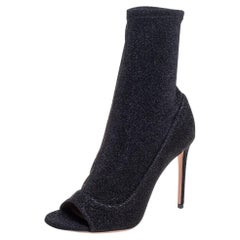 Aquazzura Black Lurex Fabric Eclair Peep Toe Ankle Boots Size 37.5