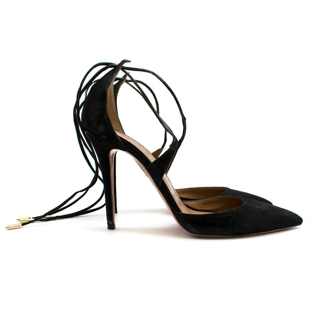 Aquazzura Black Matilde 105 Suede Lace-up Pumps  

Soft black velvet suede stiletto heels
Delicate lace-up design with gold-tone embellishment 
Leather lining 
Padded leather insole
Leather outer-sole with gold-tone pineapple logo 
Covered stiletto