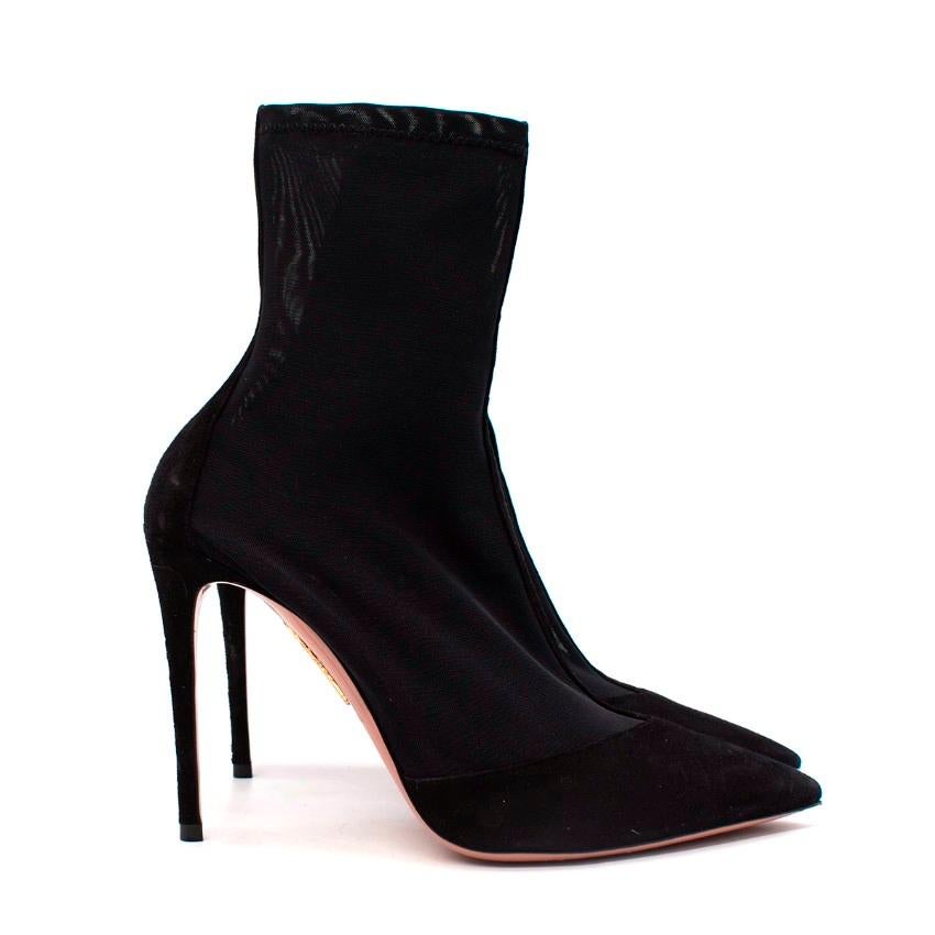 Aquazzura Black Mesh & Suede Sock Ankle Heeled Boots
 

 - Black semi-sheer mesh upper 
 - Suede panelling to the pointed toe and heel
 - Slip on design
 - Set on a stiletto heel 
 

 Materials:
 Mesh
 Leather
 

 Made in Italy
 

 PLEASE NOTE,