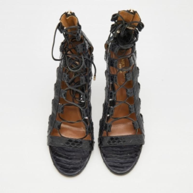 Aquazzura Black Python Leather Amazon Lace Up Open Toe Sandals Size 40 In Good Condition For Sale In Dubai, Al Qouz 2