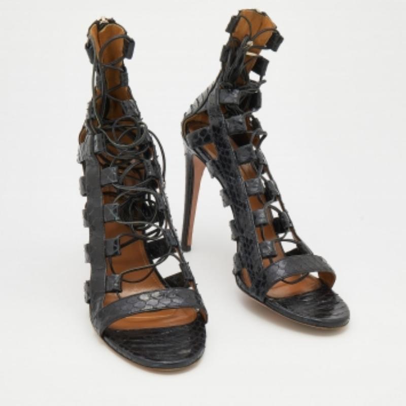 Women's Aquazzura Black Python Leather Amazon Lace Up Open Toe Sandals Size 40 For Sale
