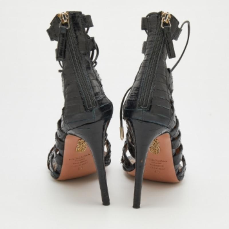 Aquazzura Black Python Leather Amazon Lace Up Open Toe Sandals Size 40 For Sale 2