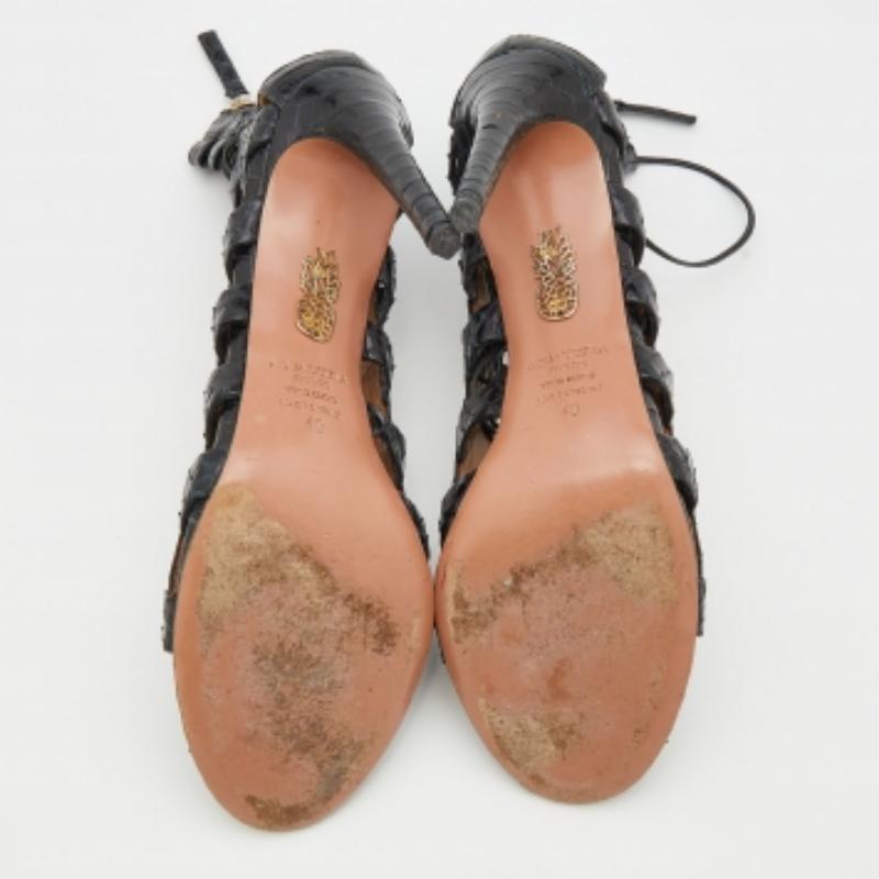 Aquazzura Black Python Leather Amazon Lace Up Open Toe Sandals Size 40 For Sale 3