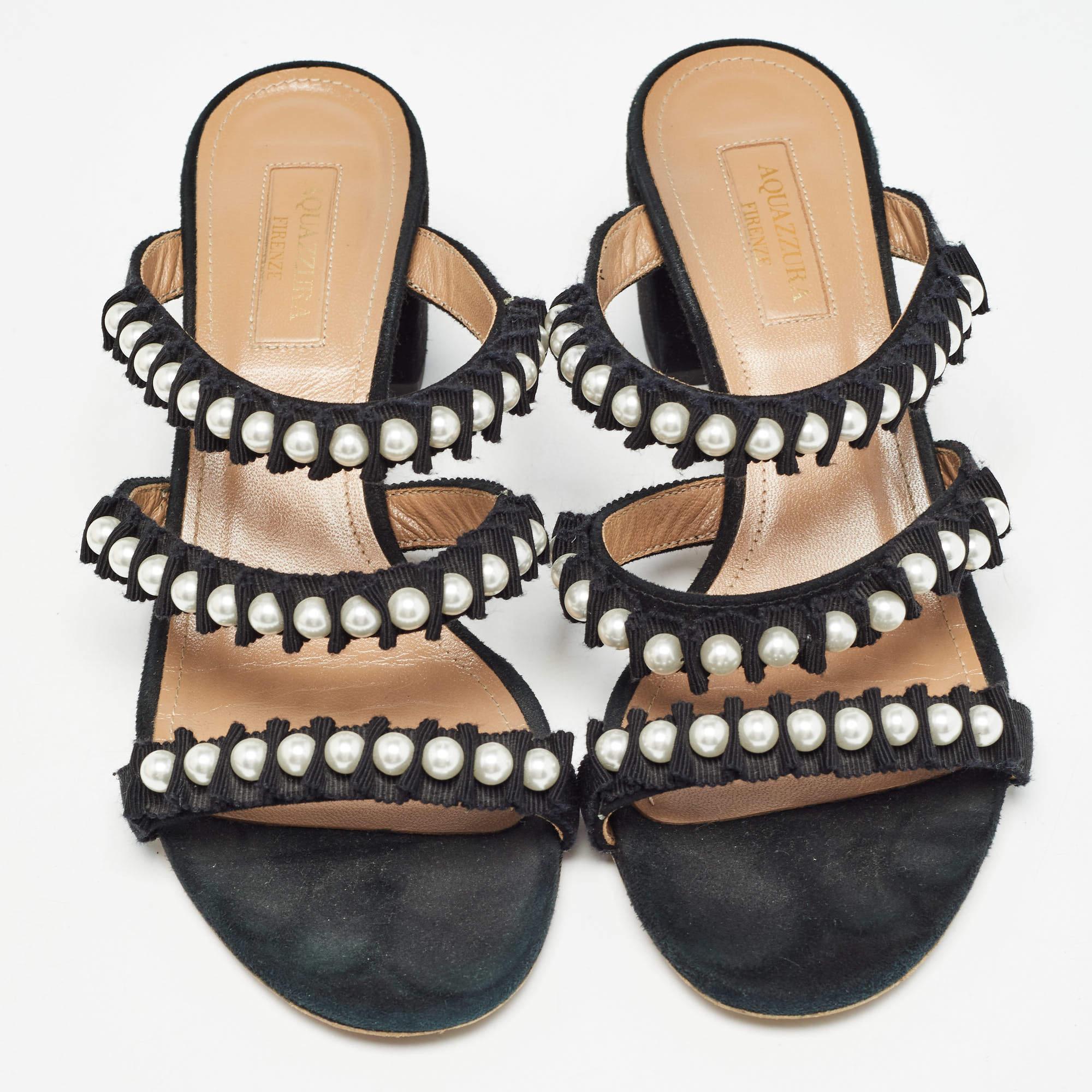Aquazzura Sandalias negras de ante y lona Love Story Slide Talla 37.5 Negro en venta