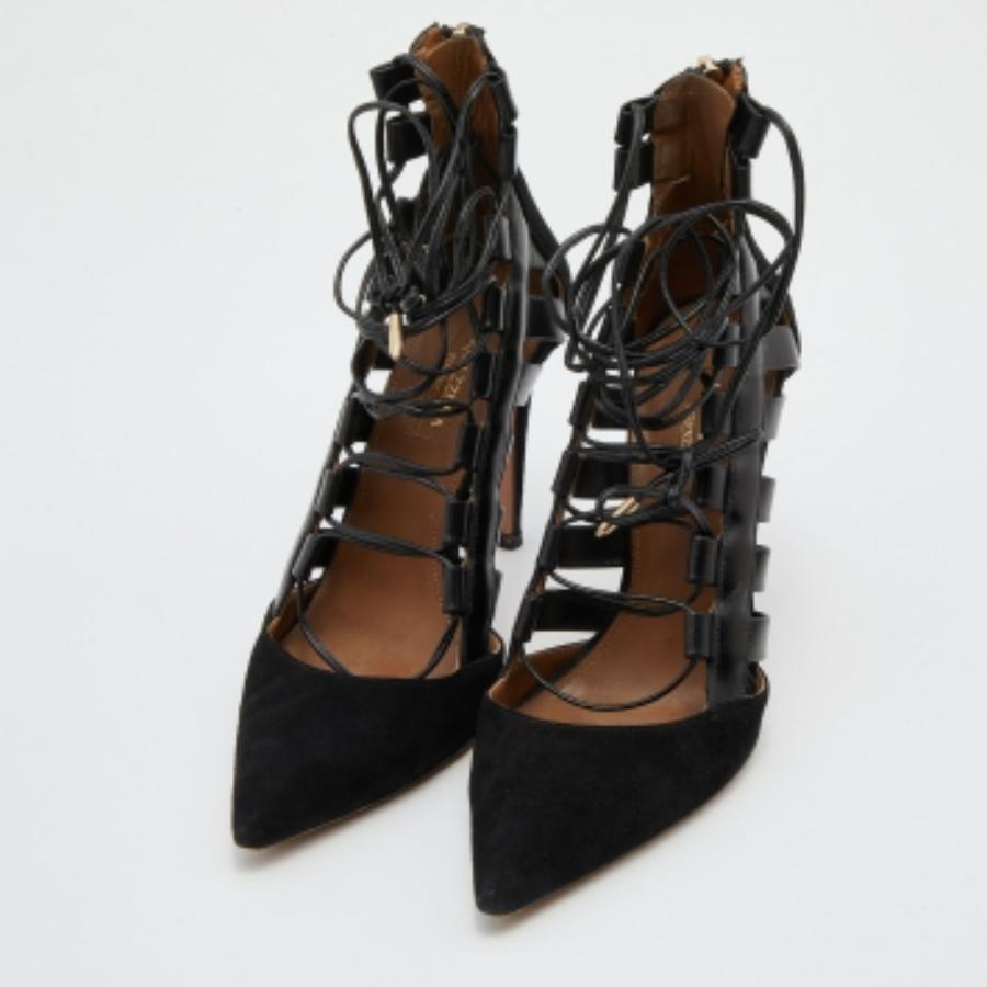 Aquazzura Amazon Knöchel-Wickel-Pumps aus schwarzem Wildleder und Leder Größe 36.5 im Zustand „Gut“ im Angebot in Dubai, Al Qouz 2