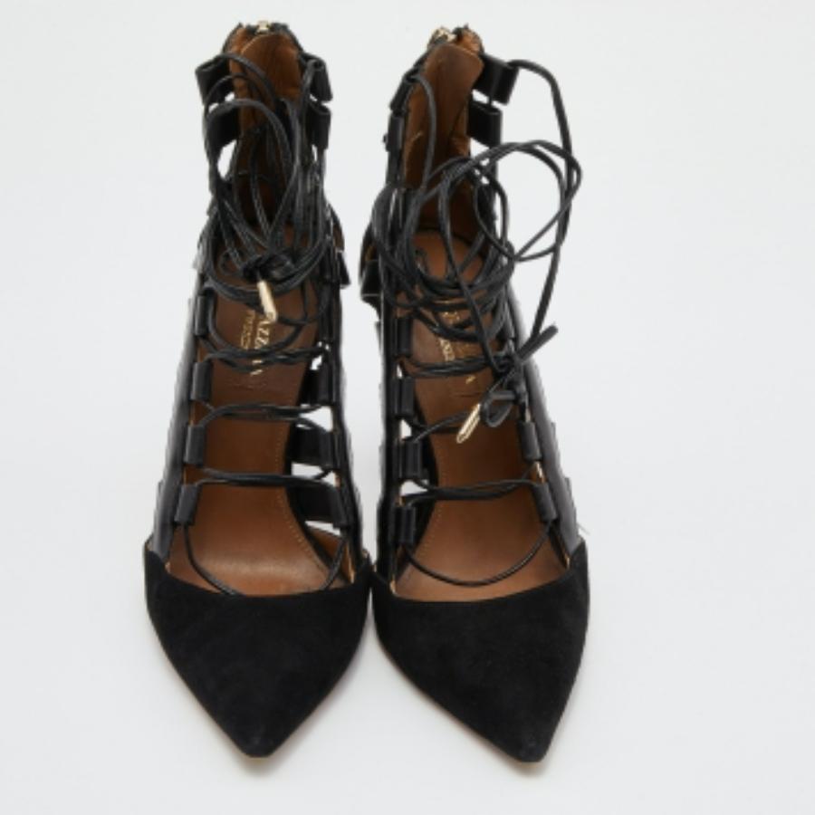 Aquazzura Amazon Knöchel-Wickel-Pumps aus schwarzem Wildleder und Leder Größe 36.5 Damen im Angebot