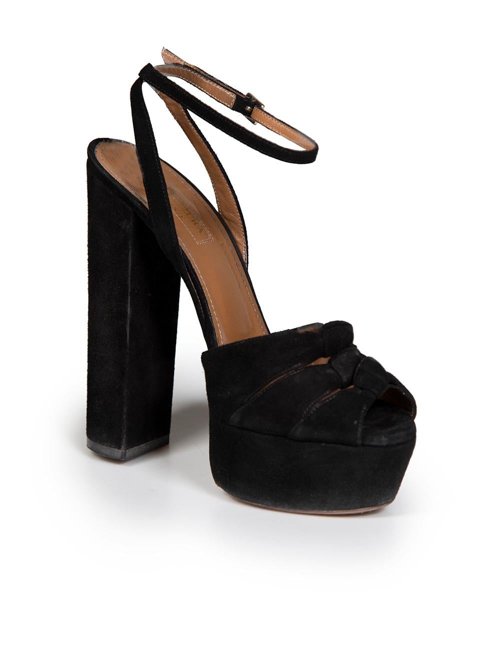 CONDITION is Good. Minor wear to heels is evident. Light wear to soles and abrasion to suede bow on this used Aquazzura designer resale item. These shoes come with dust bag.
 
 
 
 Details
 
 
 Black
 
 Suede
 
 Sandals
 
 High heeled
 
 Platform
 

