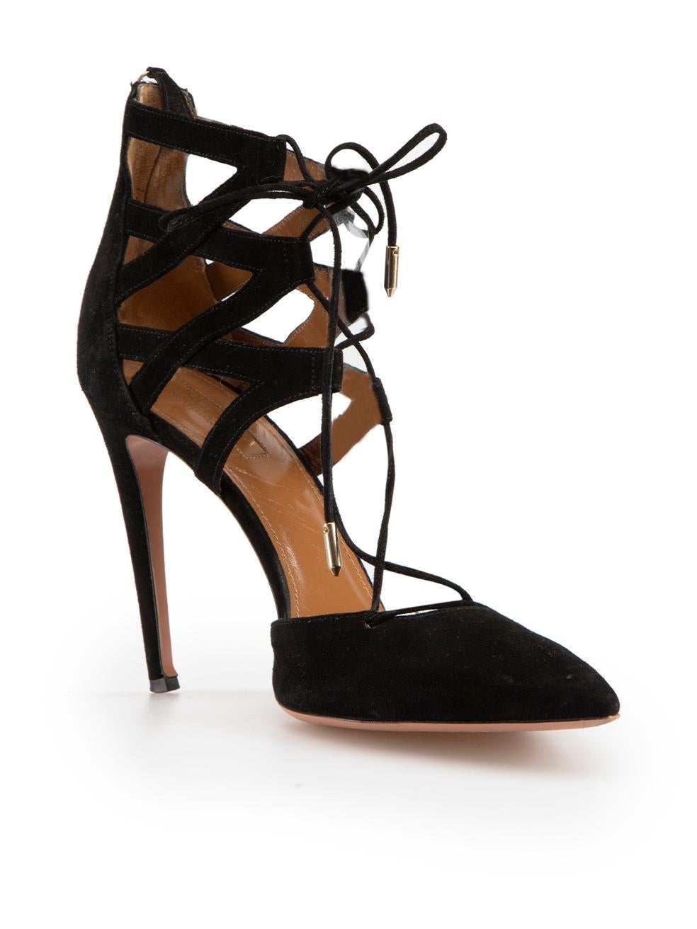 CONDITION is Good. Minor wear to shoes is evident. Light wear to both sides and heels of both shoes with abrasions and scratches to the suede on this used Aquazzura designer resale item.

Details
Belgiavia
Black
Suede
Heels
Point toe
Lace up