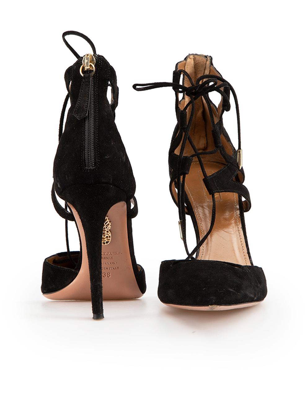 Aquazzura Black Suede Belgiavia Lace-Up Heels Size IT 38 In Good Condition In London, GB