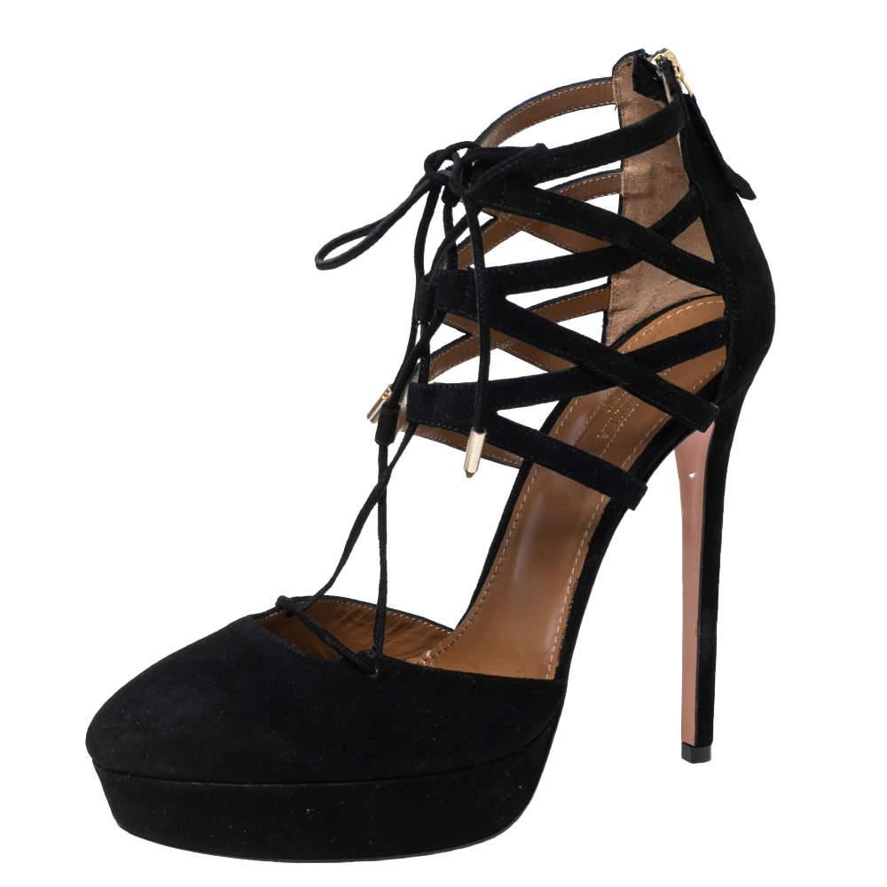 Grant your feet endless beauty and luxury with these Belgravia sandals from Aquazzura. They are created using black suede on the exterior. They showcase platforms, slender heels, and gold-tone hardware. Pair these sandals with your outfit and