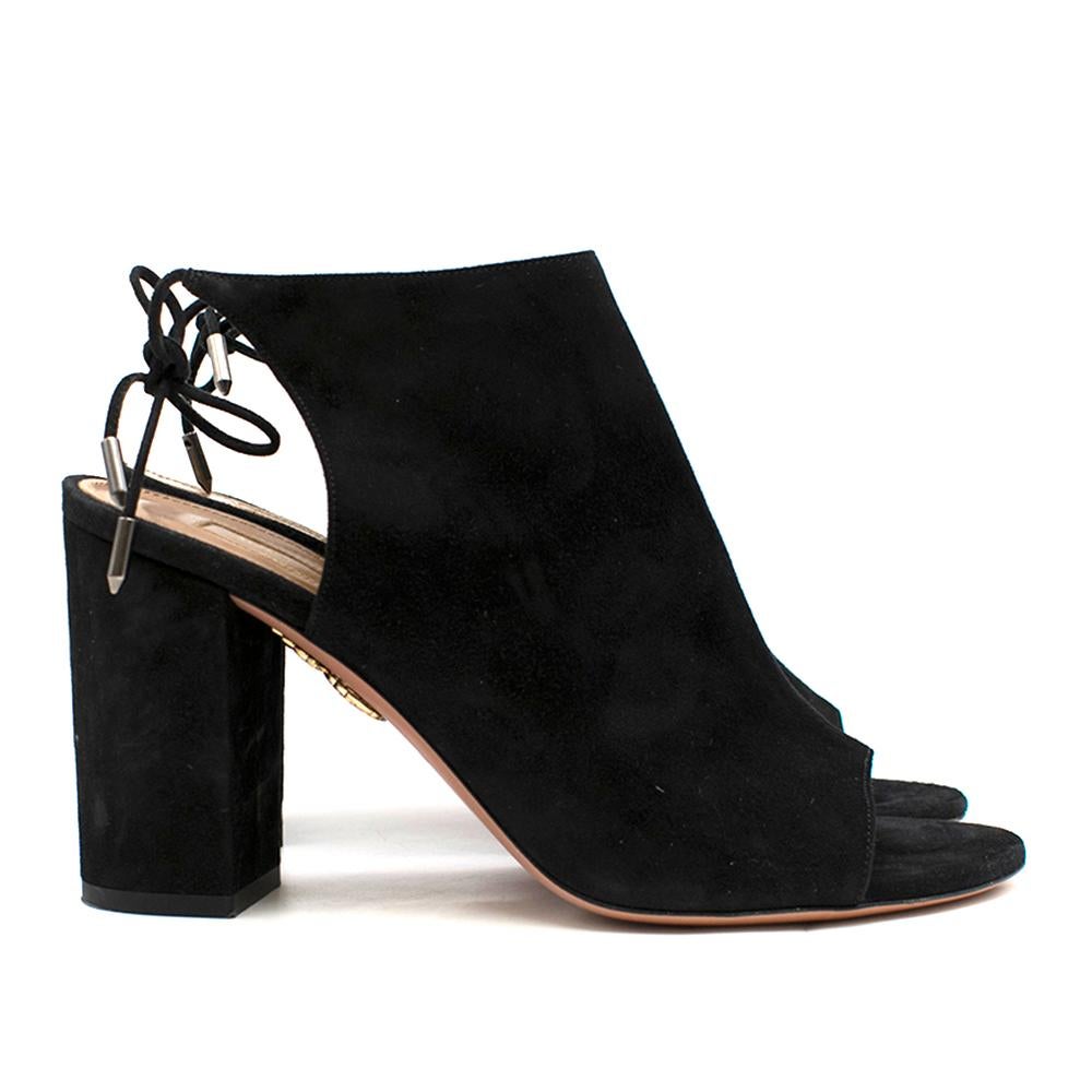 Aquazzura Black Suede Block Heel Sandals

- Black/Brown leather insole 
- Aquazzure pineapple detailing on sole 
- Peep toe 
- Lace up detailing at the ankle
- Sandal

Please note, these items are pre-owned and may show some signs of storage, even