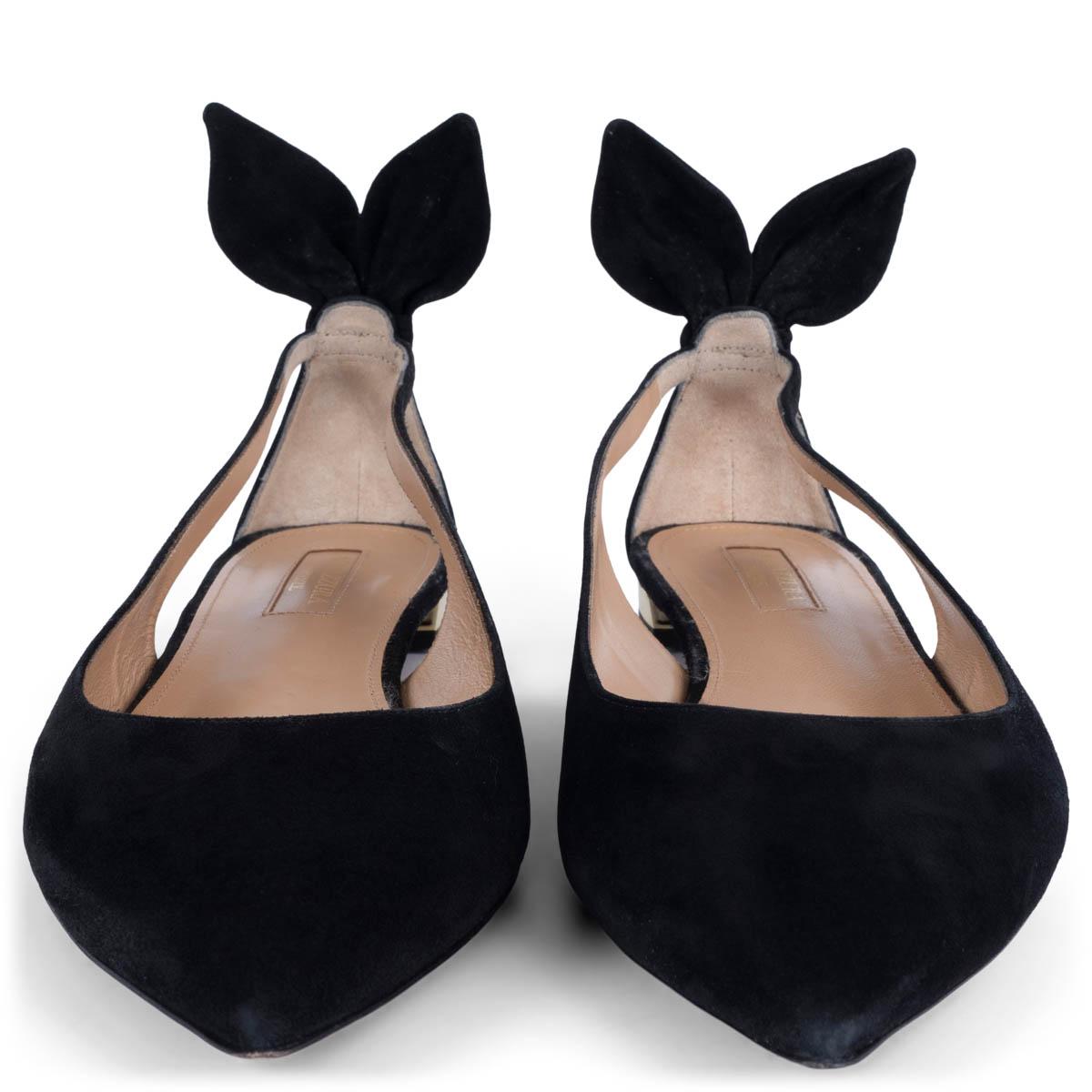 100% authentic Aquazzura Bow Tie ballet flats are crafted from soft black suede featuring polished golden heel, pointed-toe and cut-out detailing with tie-knots at the heel counter. Brand new.

Measurements
Imprinted Size	39.5
Shoe Size	39.5
Inside