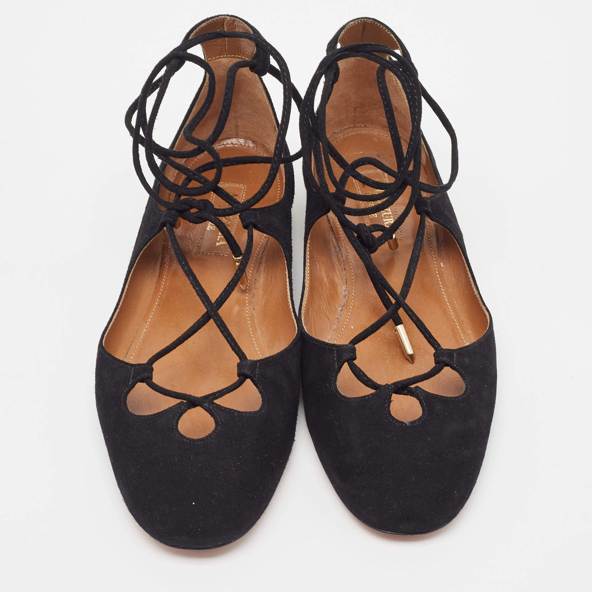 Noir Aquazzura Dancer Ankle Tie Flats en daim noir Taille 35.5 en vente