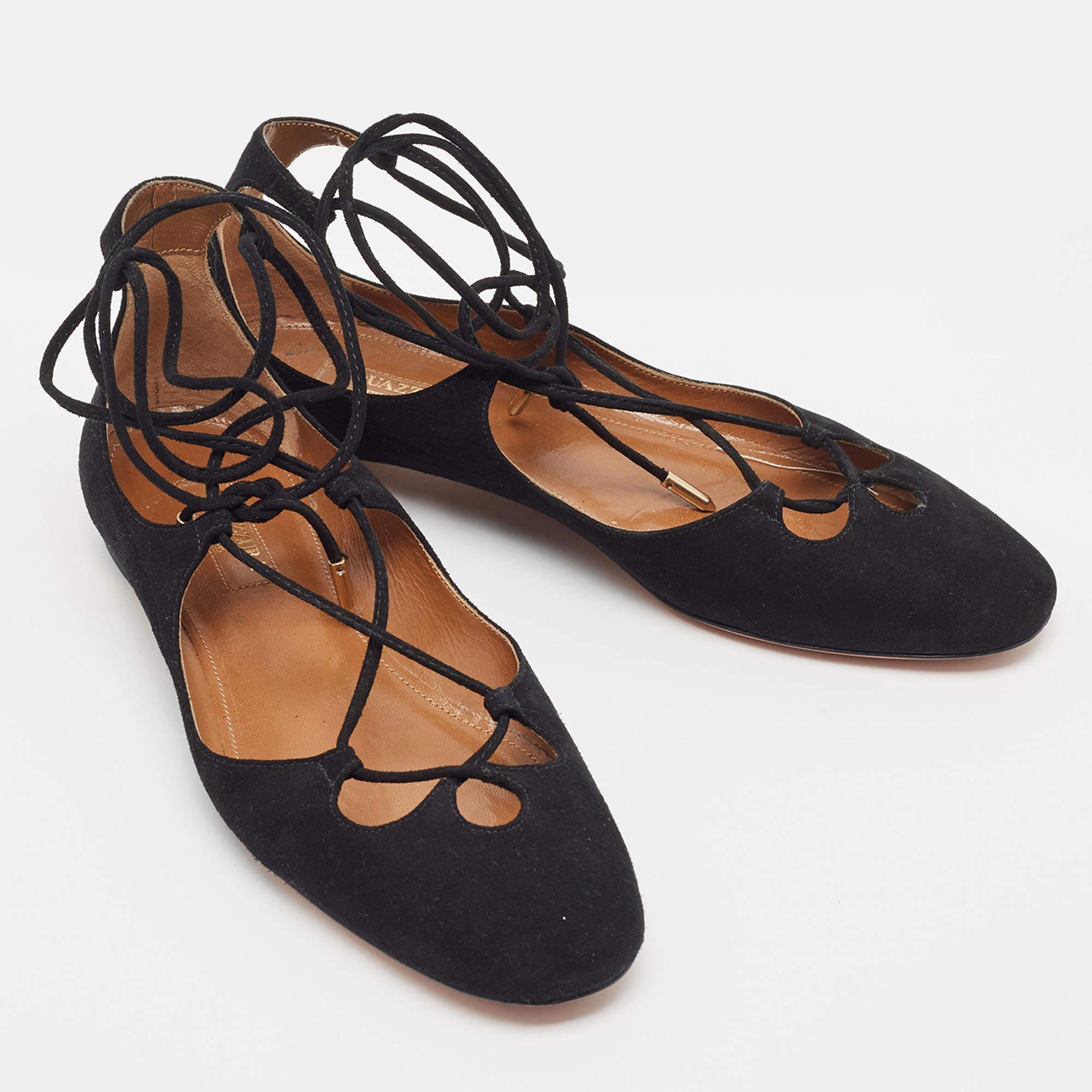 Aquazzura Dancer Ankle Tie Flats en daim noir Taille 35.5 Bon état - En vente à Dubai, Al Qouz 2