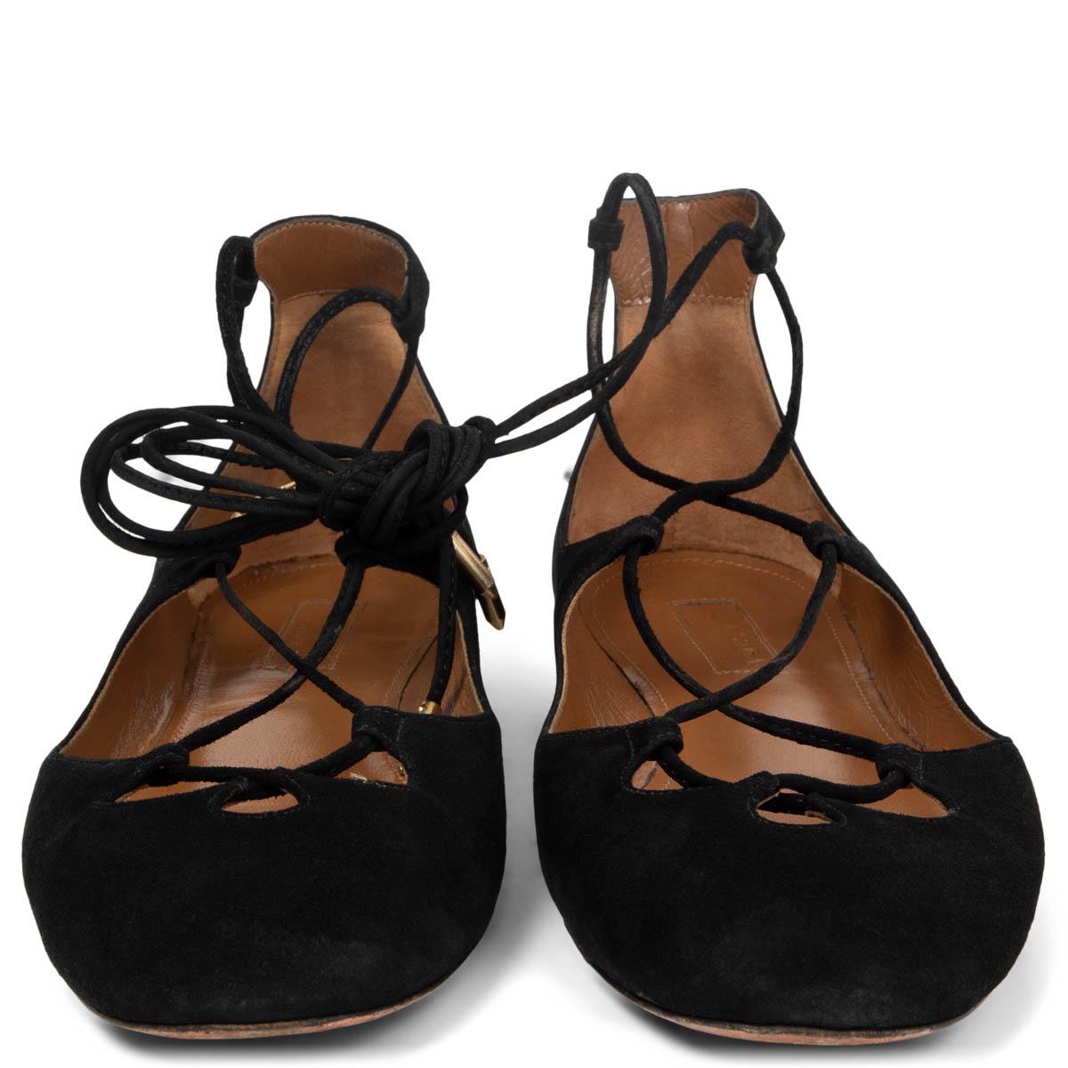 100% authentic Aquazzura Dancer lace-up ballet flats in balck suede with metallic gold-tone detail at the heel. Have been worn and are in excellent condition. 

Measurements
Imprinted Size	37.5
Shoe Size	37.5
Inside Sole	25.5cm (9.9in)
Width	7cm