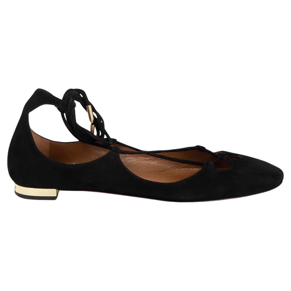 AQUAZZURA black suede DANCER Lace Up Ballet Flats Shoes 37.5 For Sale